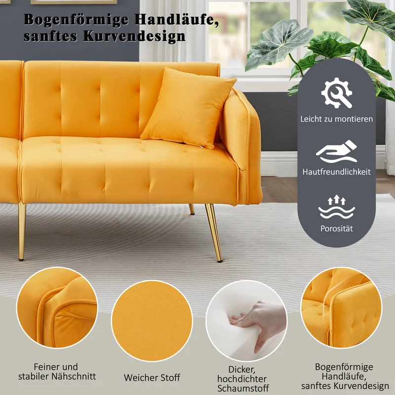 Canapé-lit 2 places convertible en velours jaune 3 positions 2 coussins et pieds métal doré 178x82x70cm MODERNROOMSET