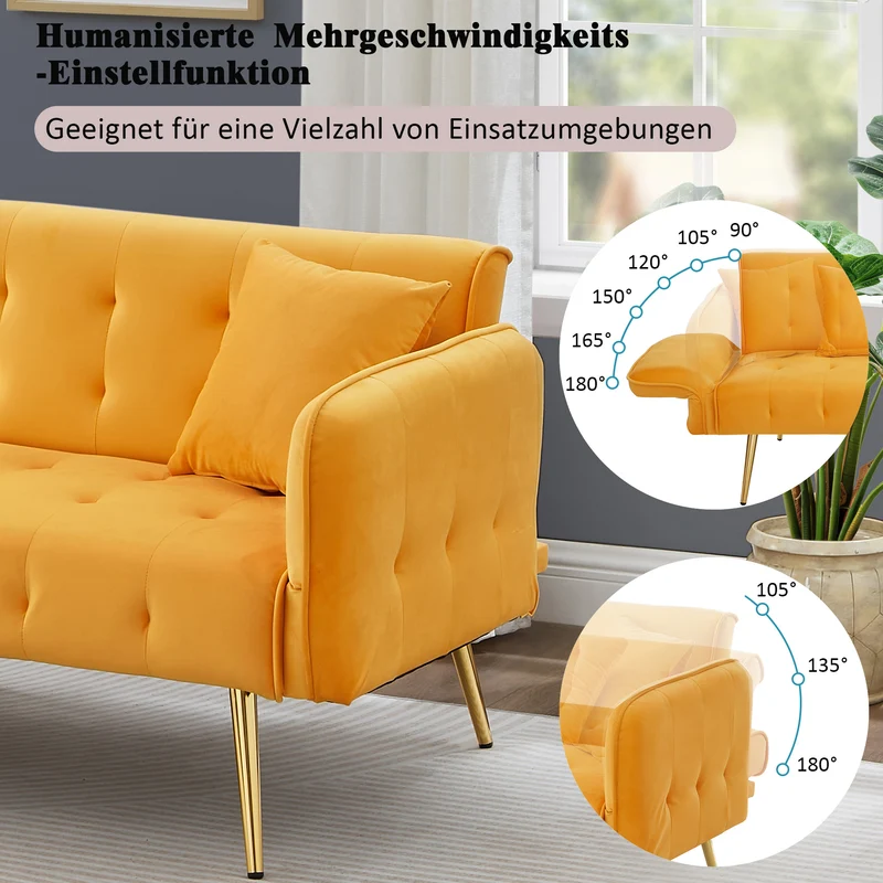 Canapé-lit 2 places convertible en velours jaune 3 positions 2 coussins et pieds métal doré 178x82x70cm MODERNROOMSET