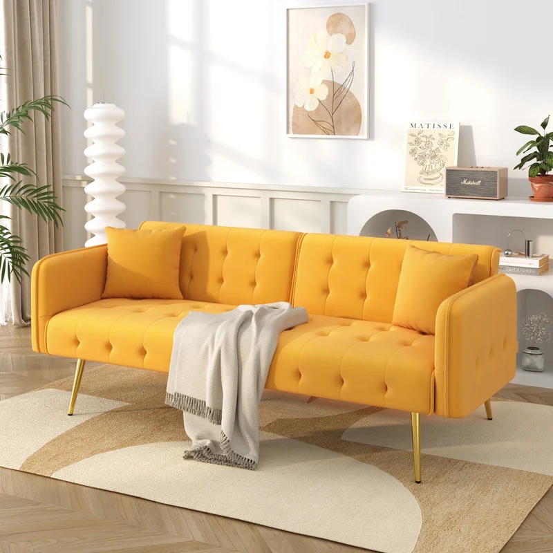 Canapé-lit 2 places convertible en velours jaune 3 positions 2 coussins et pieds métal doré 178x82x70cm MODERNROOMSET