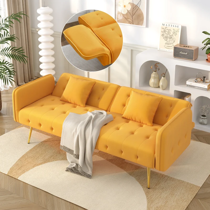 Canapé-lit 2 places convertible en velours jaune 3 positions 2 coussins et pieds métal doré 178x82x70cm MODERNROOMSET