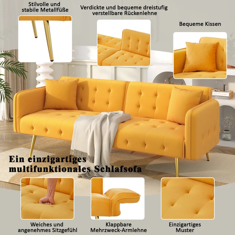 Canapé-lit 2 places convertible en velours jaune 3 positions 2 coussins et pieds métal doré 178x82x70cm MODERNROOMSET
