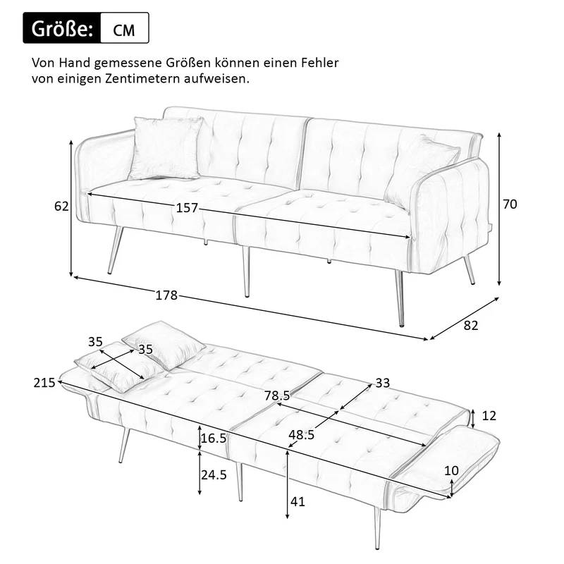 Canapé-lit 2 places convertible en velours jaune 3 positions 2 coussins et pieds métal doré 178x82x70cm MODERNROOMSET