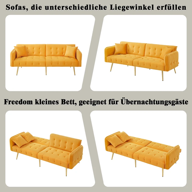 Canapé-lit 2 places convertible en velours jaune 3 positions 2 coussins et pieds métal doré 178x82x70cm MODERNROOMSET