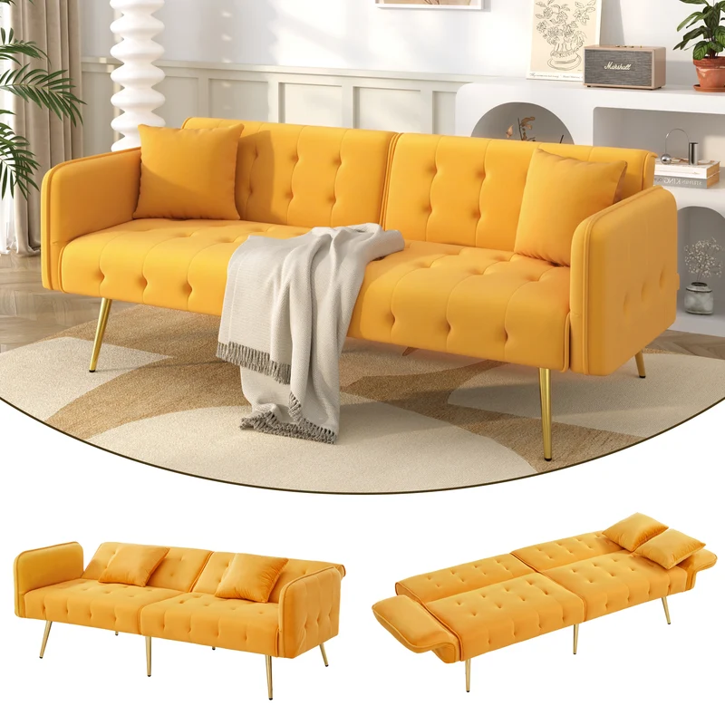 Canapé-lit 2 places convertible en velours jaune 3 positions 2 coussins et pieds métal doré 178x82x70cm MODERNROOMSET