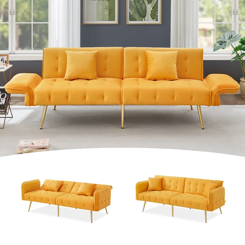 Canapé-lit 2 places convertible en velours jaune 3 positions 2 coussins et pieds métal doré 178x82x70cm MODERNROOMSET