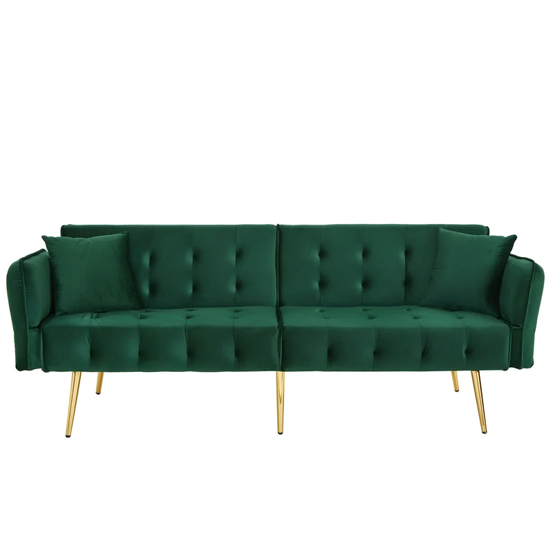 Canapé-lit 2 places convertible en velours vert 3 positions 2 coussins et pieds métal doré 178x82x70cm MODERNRUGART