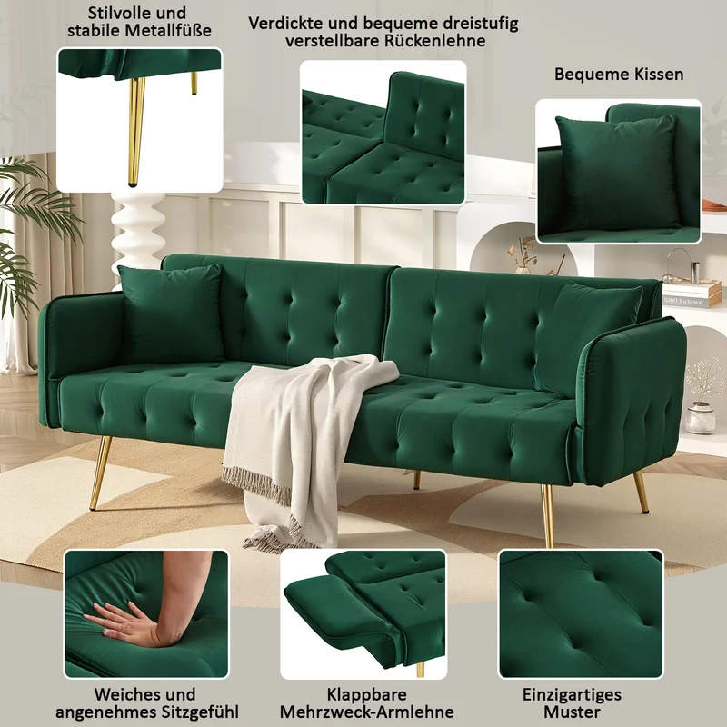 Canapé-lit 2 places convertible en velours vert 3 positions 2 coussins et pieds métal doré 178x82x70cm MODERNRUGART