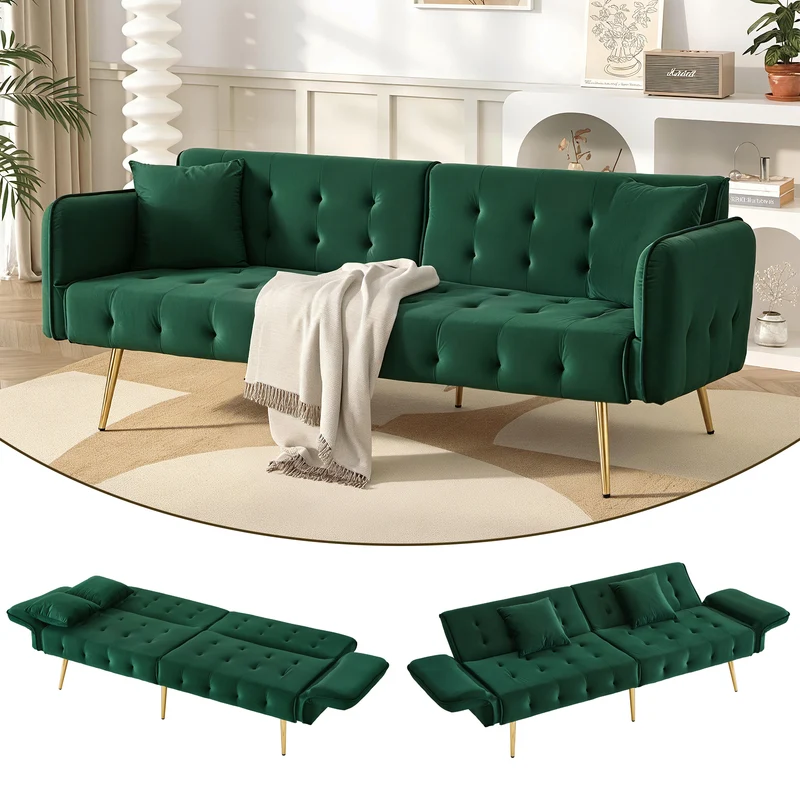 Canapé-lit 2 places convertible en velours vert 3 positions 2 coussins et pieds métal doré 178x82x70cm MODERNRUGART