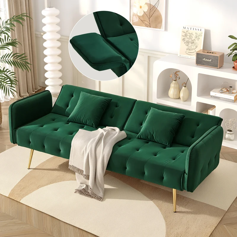 Canapé-lit 2 places convertible en velours vert 3 positions 2 coussins et pieds métal doré 178x82x70cm MODERNRUGART