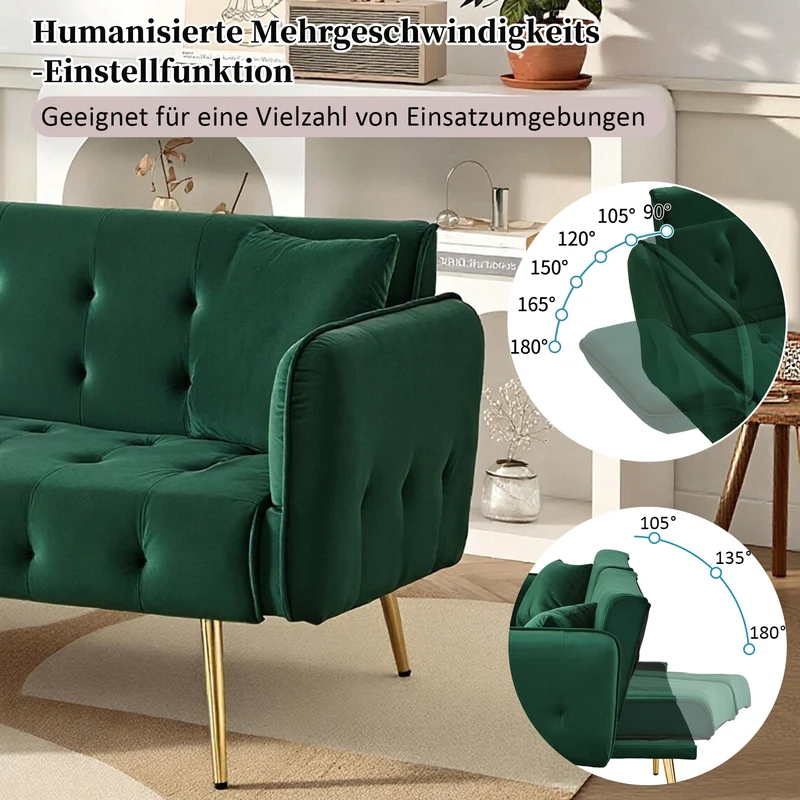 Canapé-lit 2 places convertible en velours vert 3 positions 2 coussins et pieds métal doré 178x82x70cm MODERNRUGART