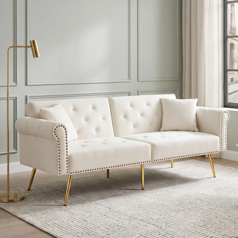 Canapé-lit 2 places convertible en velours beige 3 positions 2 coussins et pieds métal doré 173x75cm MODERNRUGSET
