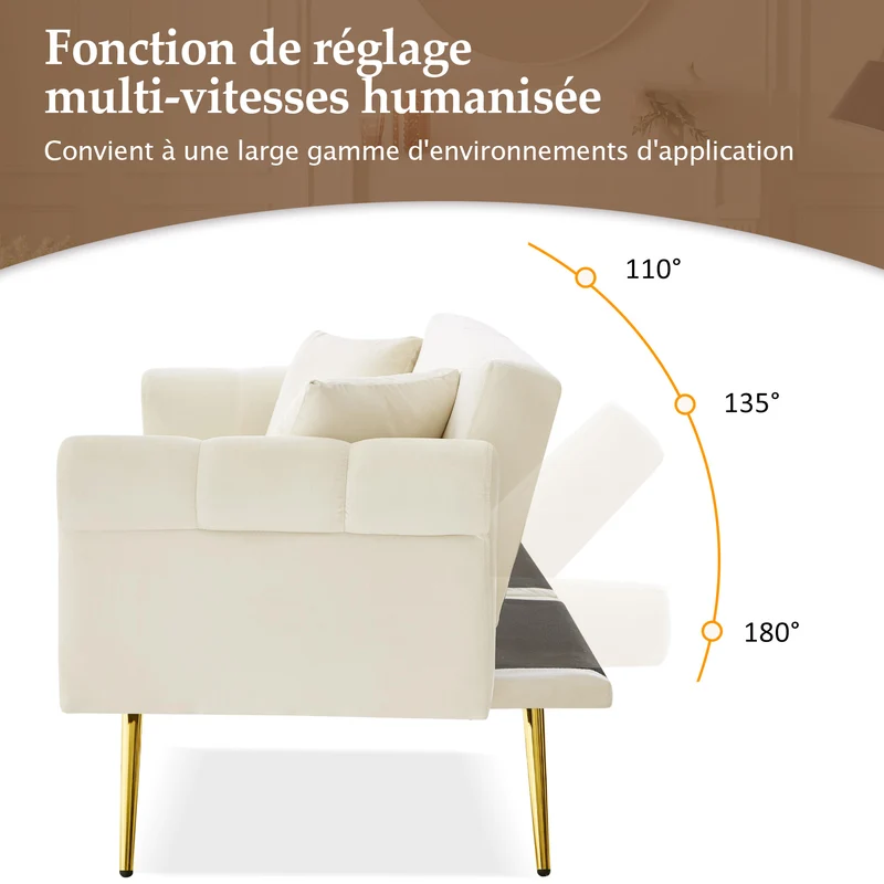 Canapé-lit 2 places convertible en velours beige 3 positions 2 coussins et pieds métal doré 173x75cm MODERNRUGSET