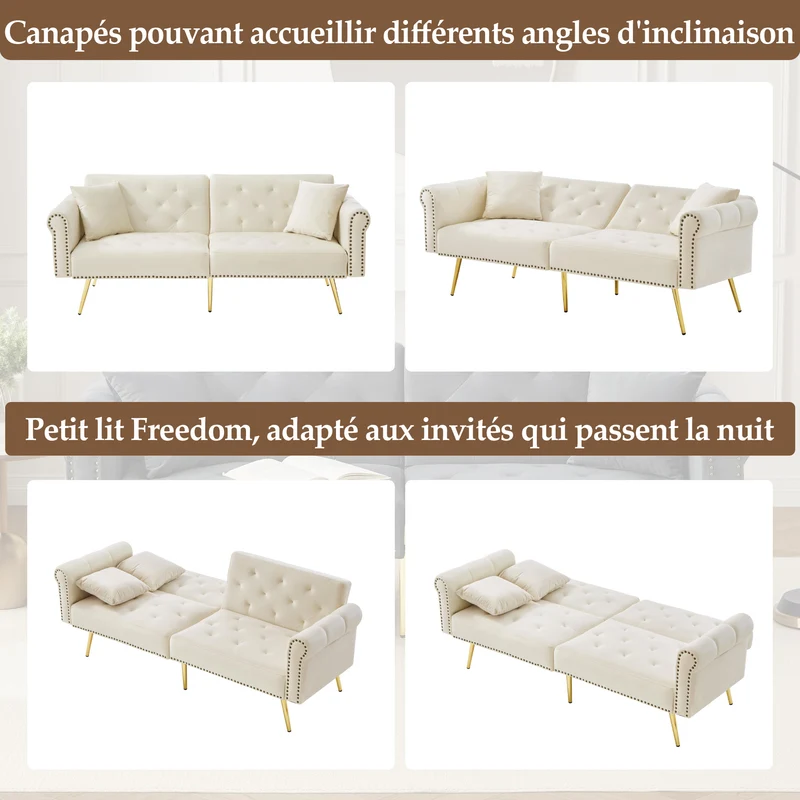 Canapé-lit 2 places convertible en velours beige 3 positions 2 coussins et pieds métal doré 173x75cm MODERNRUGSET