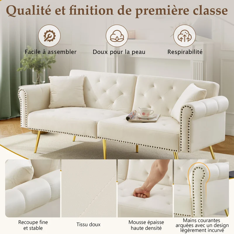 Canapé-lit 2 places convertible en velours beige 3 positions 2 coussins et pieds métal doré 173x75cm MODERNRUGSET