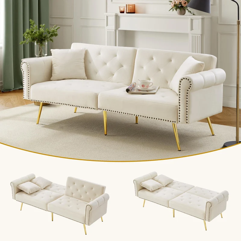 Canapé-lit 2 places convertible en velours beige 3 positions 2 coussins et pieds métal doré 173x75cm MODERNRUGSET
