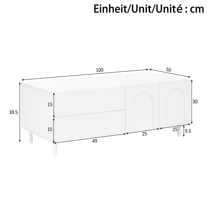 Table basse blanche rectangulaire motif arc 2 tiroirs et 2 portes 100x50cm MODERNDESKSET