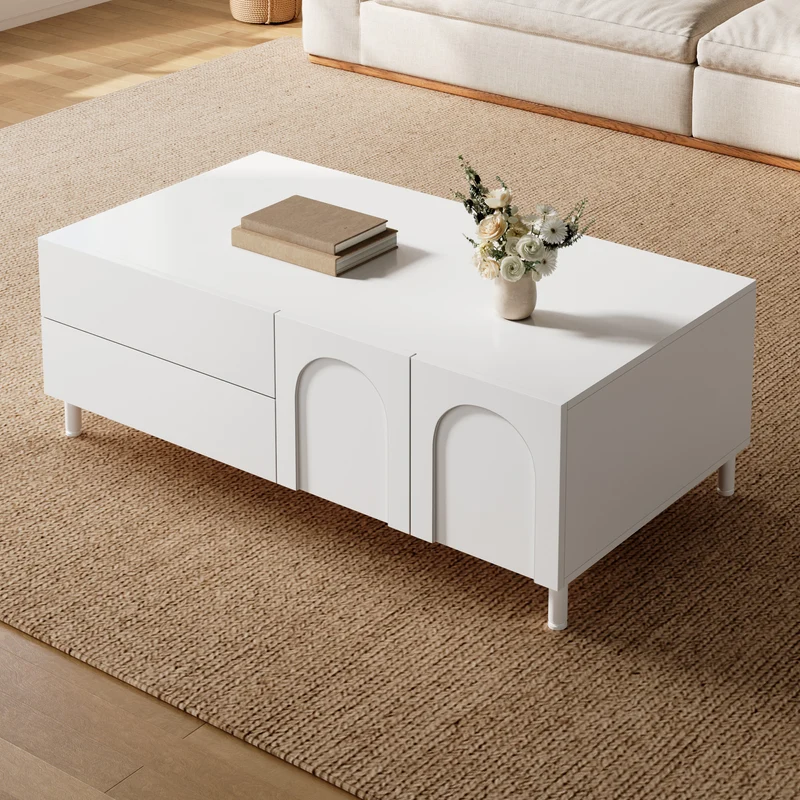 Table basse blanche rectangulaire motif arc 2 tiroirs et 2 portes 100x50cm MODERNDESKSET