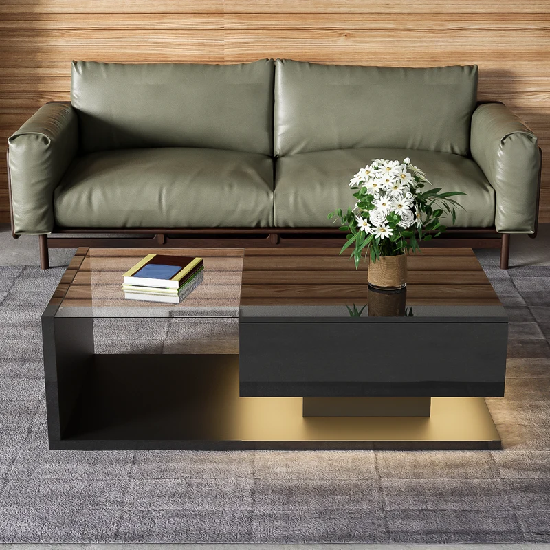 Table basse noire brillante en verre et LED, rangement intégré 105x55 cm MODERNSCREENHOME