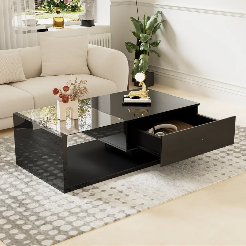 Table basse noire brillante en verre et LED, rangement intégré 105x55 cm MODERNSCREENHOME