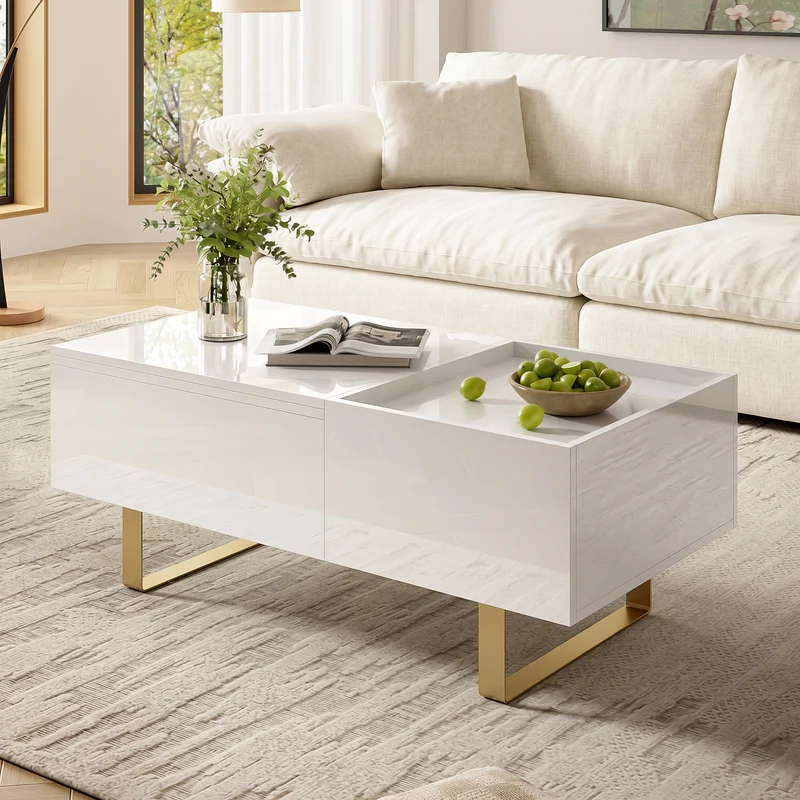 Table basse relevable blanc brillant réglable avec rangement, tiroir et pieds dorés 100x50cm MODERNFLOORSET