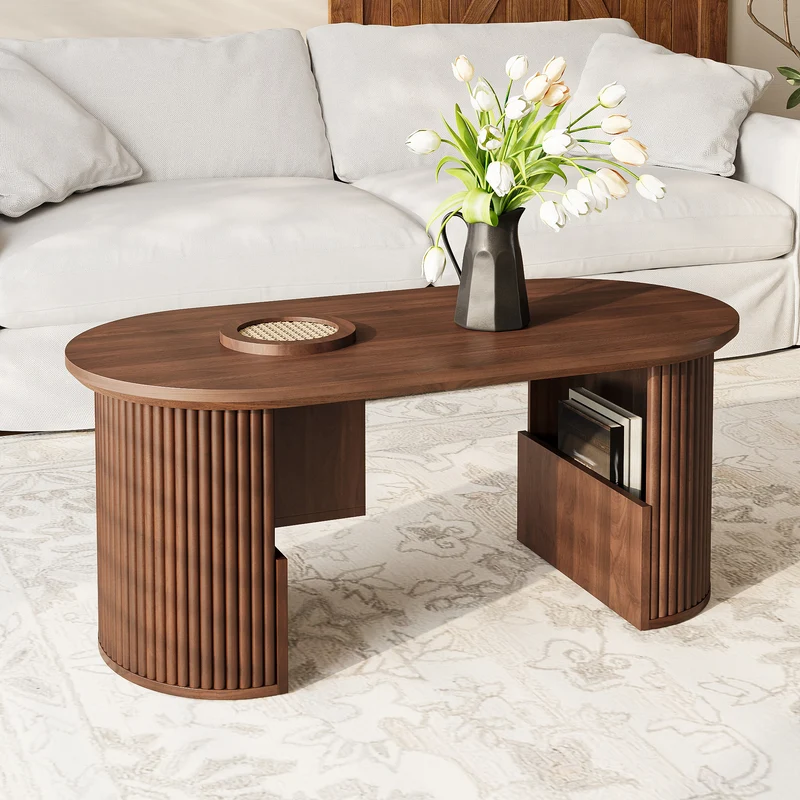 Table basse ovale effet noyer avec rangement tressé 105x50x46,5cm MODERNRACKSET