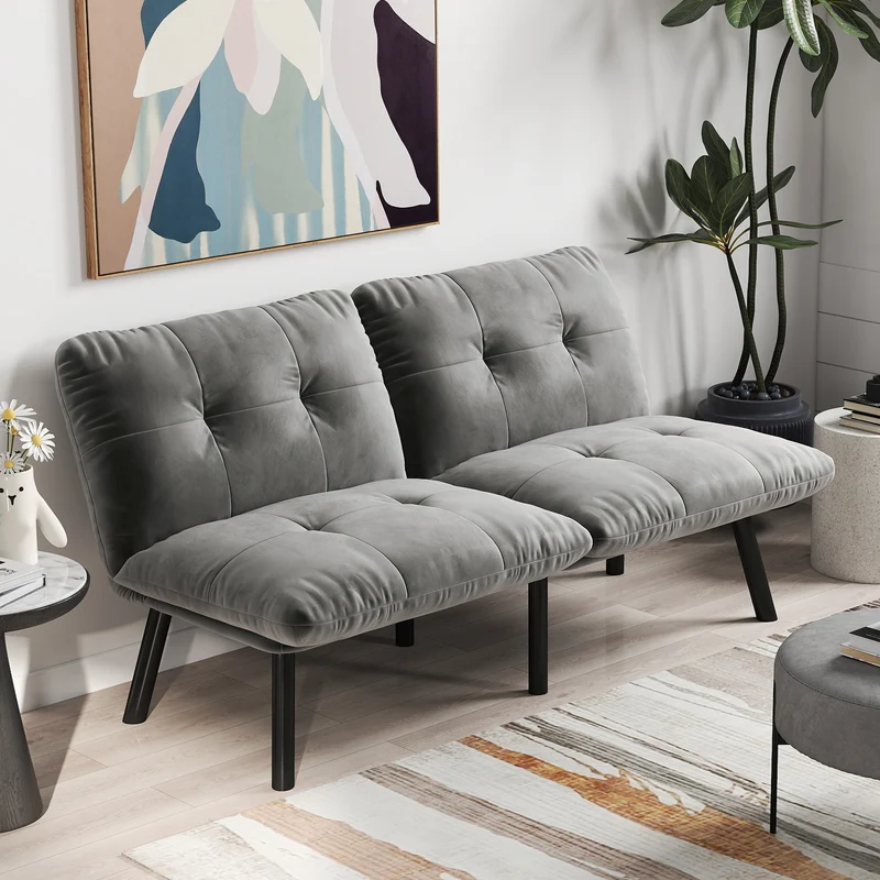 Canapé lit banquette convertible futon CLIC-CLAC en tissu velours gris MOMENTUMKRON