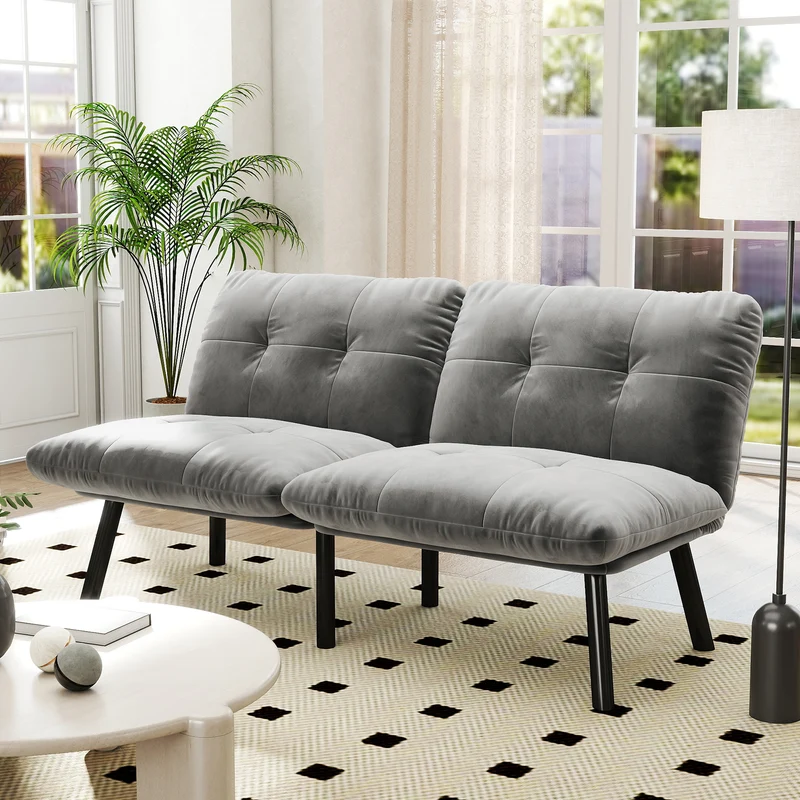 Canapé lit banquette convertible futon CLIC-CLAC en tissu velours gris MOMENTUMKRON