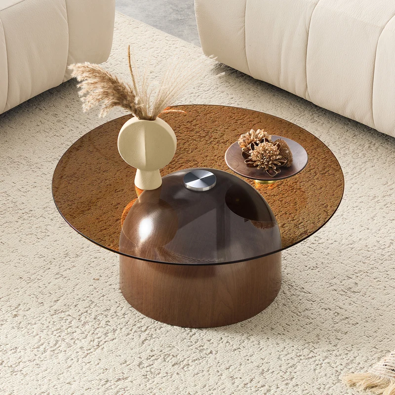 Table basse ronde Ø70cm verre trempé teinté & pied noyer MINIMALISTFLOORHOME