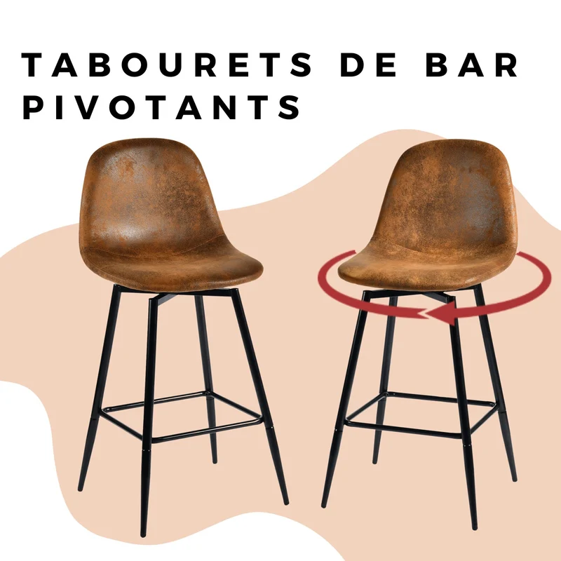 Lot de 2 tabourets de bar vintage pivotants en faux daim style industriel 67Hcm CHARLTON COUNTER SUEDE BROWN BLACK LEG 2PCS