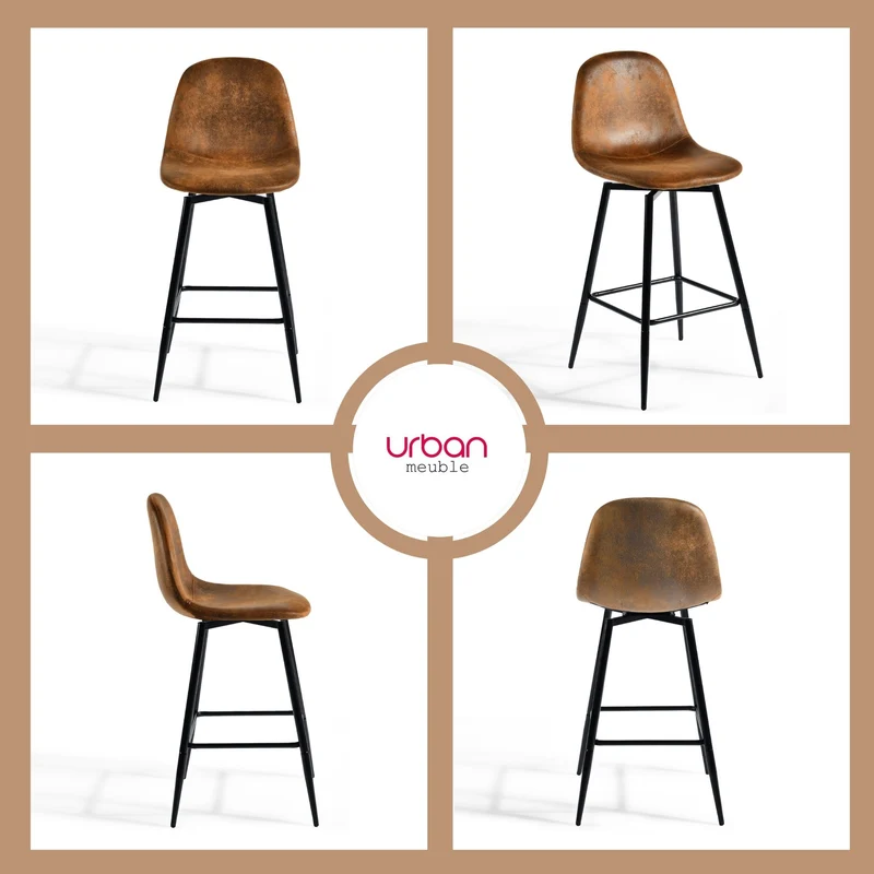 Lot de 2 tabourets de bar vintage pivotants en faux daim style industriel 67Hcm CHARLTON COUNTER SUEDE BROWN BLACK LEG 2PCS