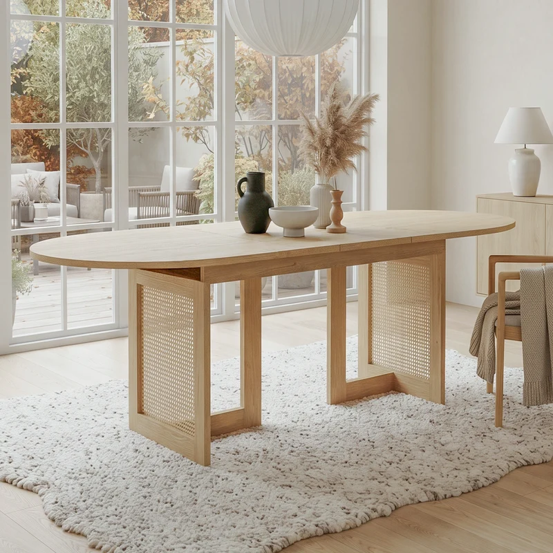 Table de salle à manger extensible effet chêne et pieds en rotin 150/200x90cm MODERNCONTAINERSET