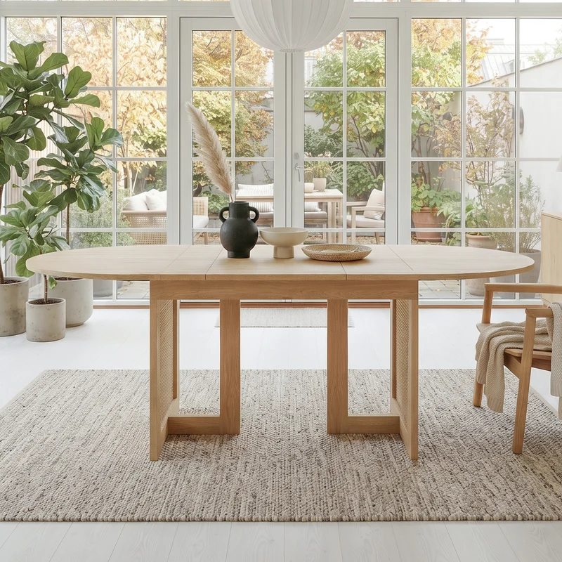 Table de salle à manger extensible effet chêne et pieds en rotin 150/200x90cm MODERNCONTAINERSET