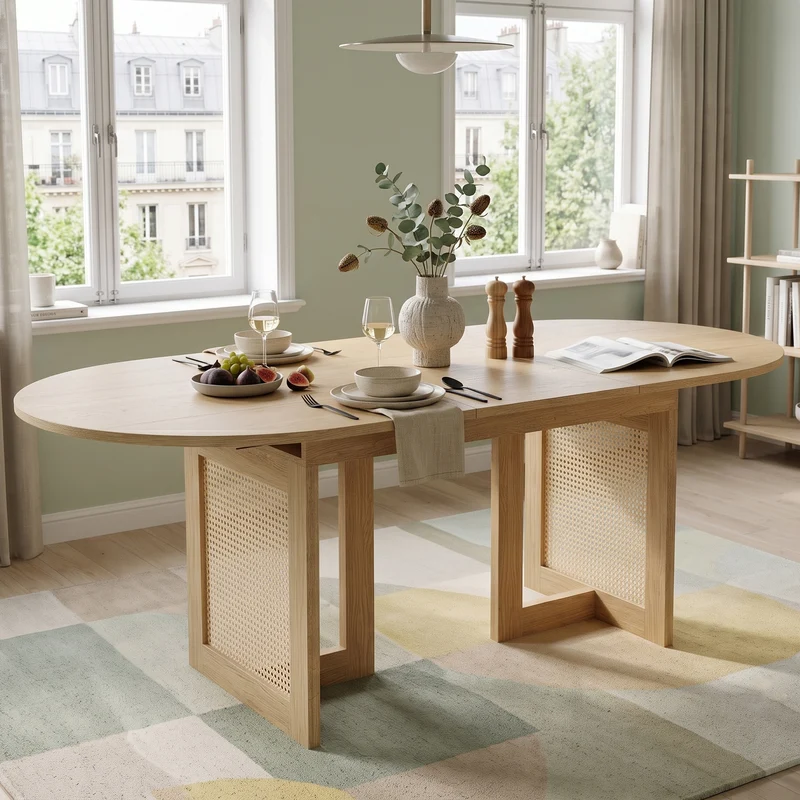 Table de salle à manger extensible effet chêne et pieds en rotin 150/200x90cm MODERNCONTAINERSET