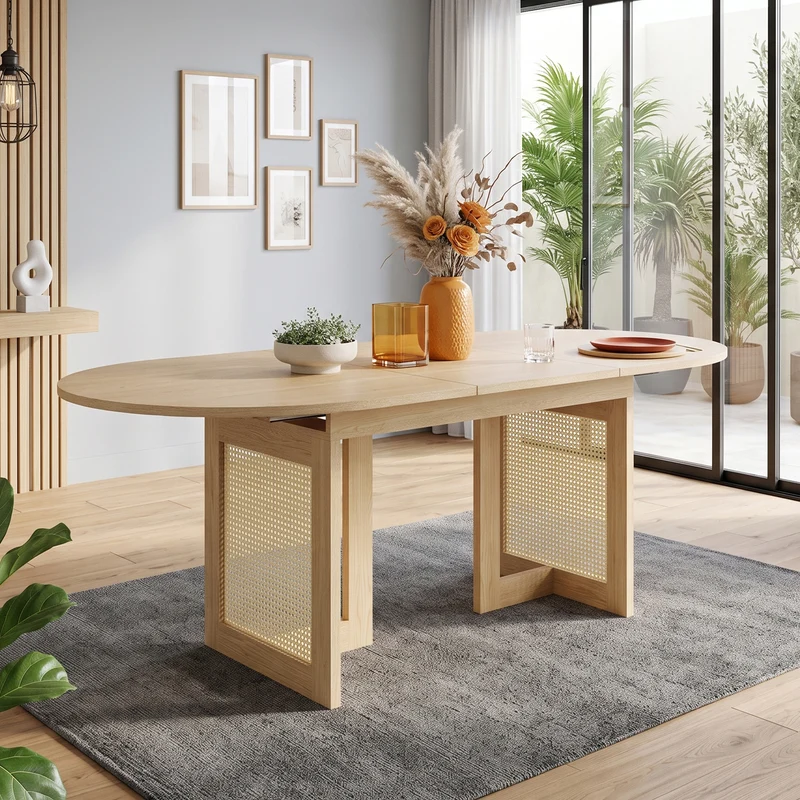 Table de salle à manger extensible effet chêne et pieds en rotin 150/200x90cm MODERNCONTAINERSET