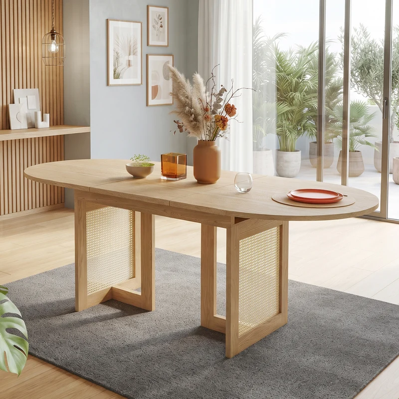 Table de salle à manger extensible effet chêne et pieds en rotin 150/200x90cm MODERNCONTAINERSET