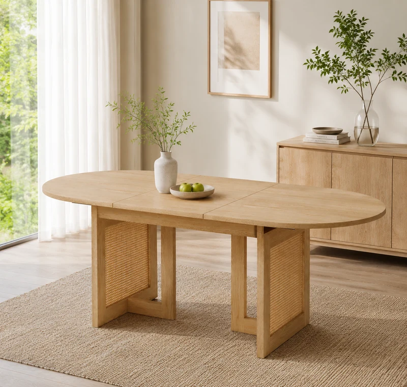 Table de salle à manger extensible effet chêne et pieds en rotin 150/200x90cm MODERNCONTAINERSET