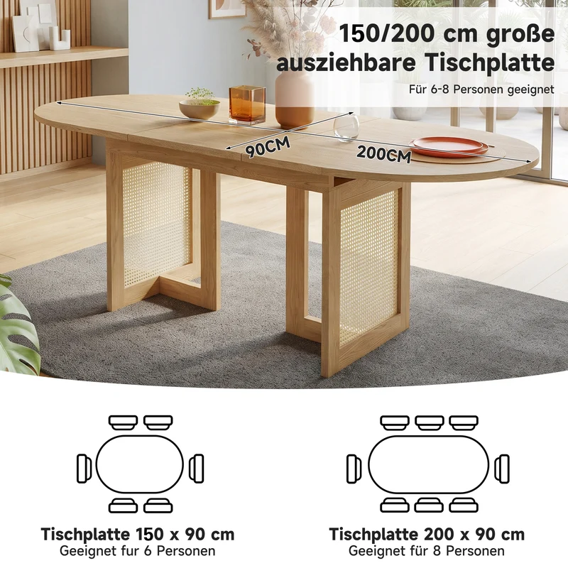 Table de salle à manger extensible effet chêne et pieds en rotin 150/200x90cm MODERNCONTAINERSET