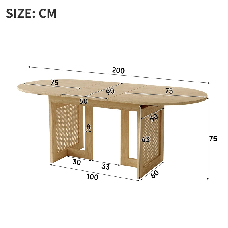 Table de salle à manger extensible effet chêne et pieds en rotin 150/200x90cm MODERNCONTAINERSET