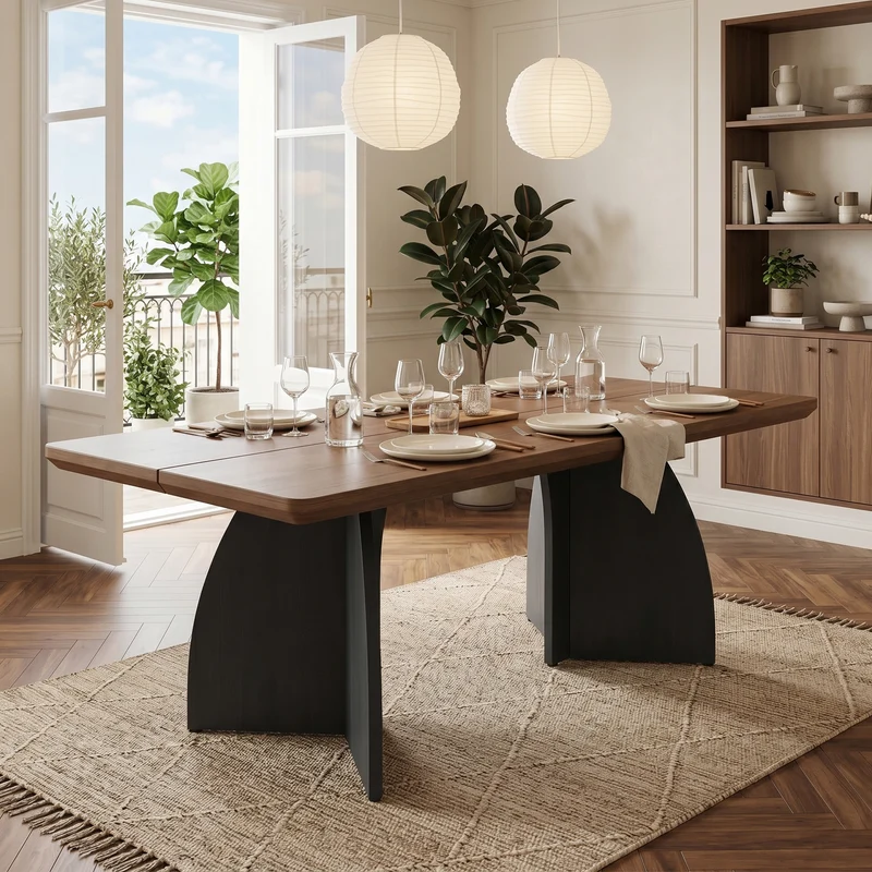 Table à manger moderne effet noyer, plateau épais de 4 cm et pieds sculpturaux 160x80 cm MODERNIRONSTYLE