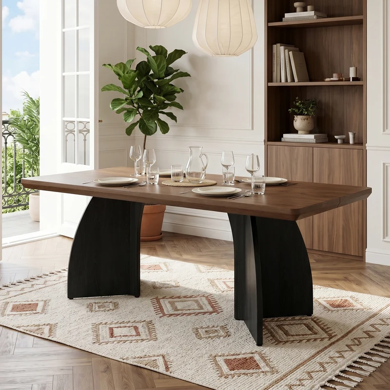 Table à manger moderne effet noyer, plateau épais de 4 cm et pieds sculpturaux 160x80 cm MODERNIRONSTYLE
