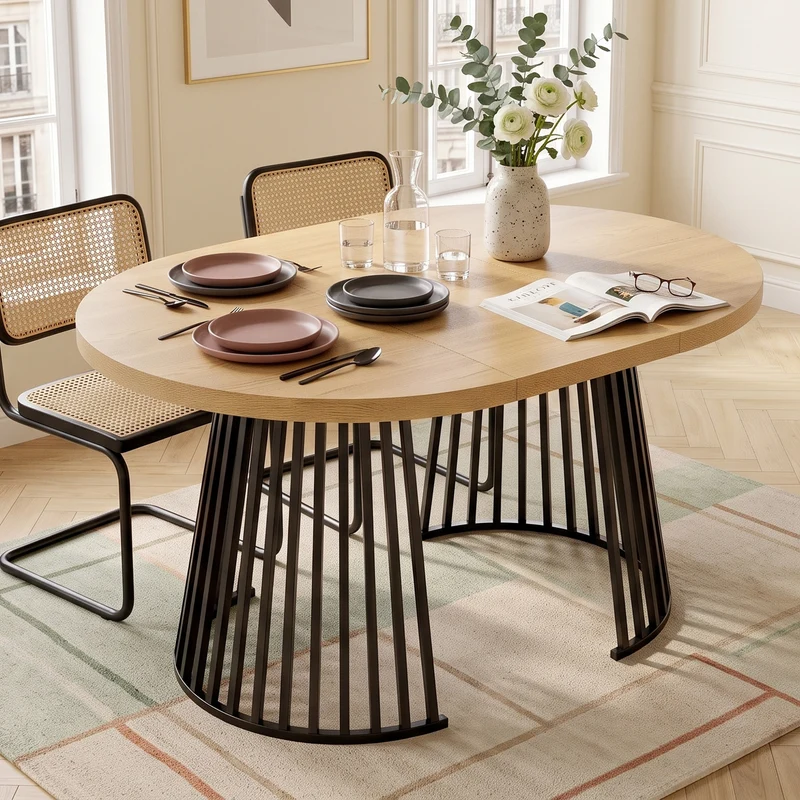 Table à manger extensible ronde ovale effet chêne avec piétement ajouré 3 longueurs 100/138/176 cm 4-8 personnes MODERNPANEL