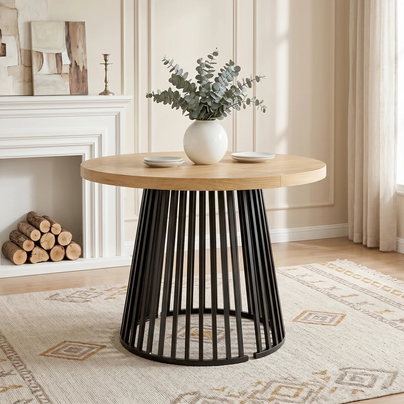 Table à manger extensible ronde ovale effet chêne avec piétement ajouré 3 longueurs 100/138/176 cm 4-8 personnes MODERNPANEL