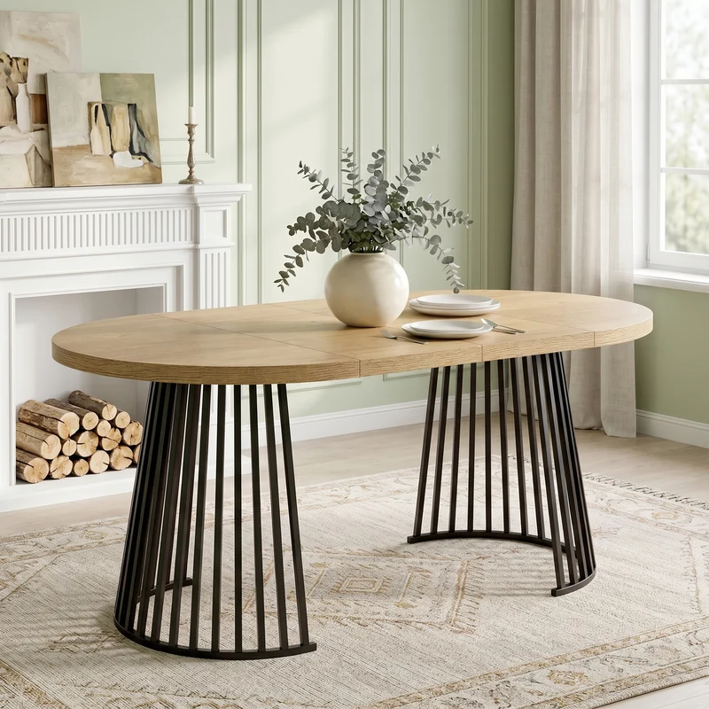 Table à manger extensible ronde ovale effet chêne avec piétement ajouré 3 longueurs 100/138/176 cm 4-8 personnes MODERNPANEL