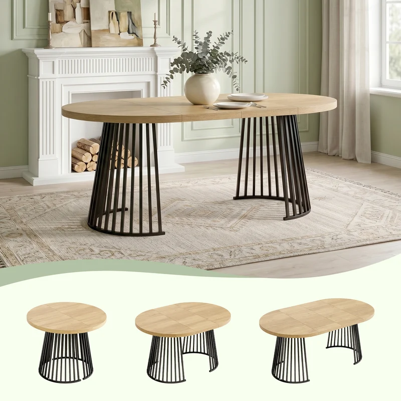 Table à manger extensible ronde ovale effet chêne avec piétement ajouré 3 longueurs 100/138/176 cm 4-8 personnes MODERNPANEL