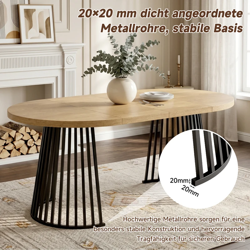 Table à manger extensible ronde ovale effet chêne avec piétement ajouré 3 longueurs 100/138/176 cm 4-8 personnes MODERNPANEL
