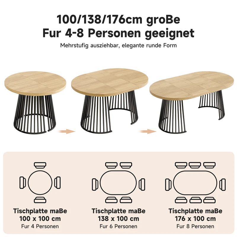 Table à manger extensible ronde ovale effet chêne avec piétement ajouré 3 longueurs 100/138/176 cm 4-8 personnes MODERNPANEL