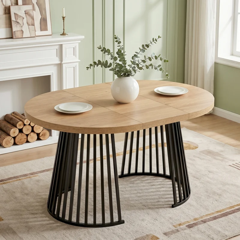 Table à manger extensible ronde ovale effet chêne avec piétement ajouré 3 longueurs 100/138/176 cm 4-8 personnes MODERNPANEL