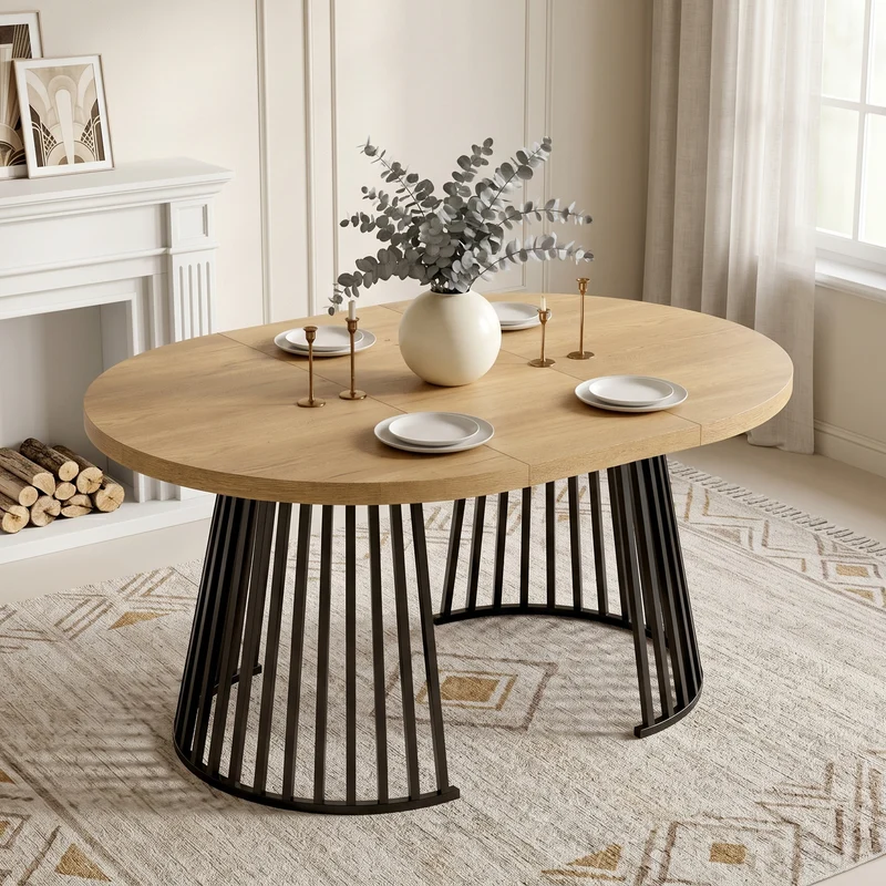 Table à manger extensible ronde ovale effet chêne avec piétement ajouré 3 longueurs 100/138/176 cm 4-8 personnes MODERNPANEL
