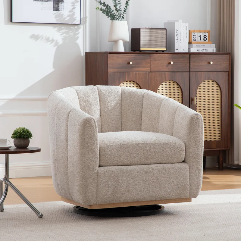 Fauteuil pivotant 360° en chenille beige, design citrouille, pied métal MODERNPANELHOME
