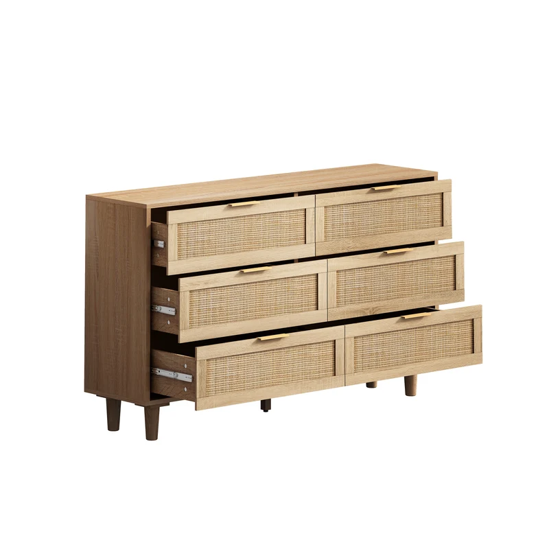 Buffet élégant effet bois 6 tiroirs avec rotin PHOTTU 130 WOOD